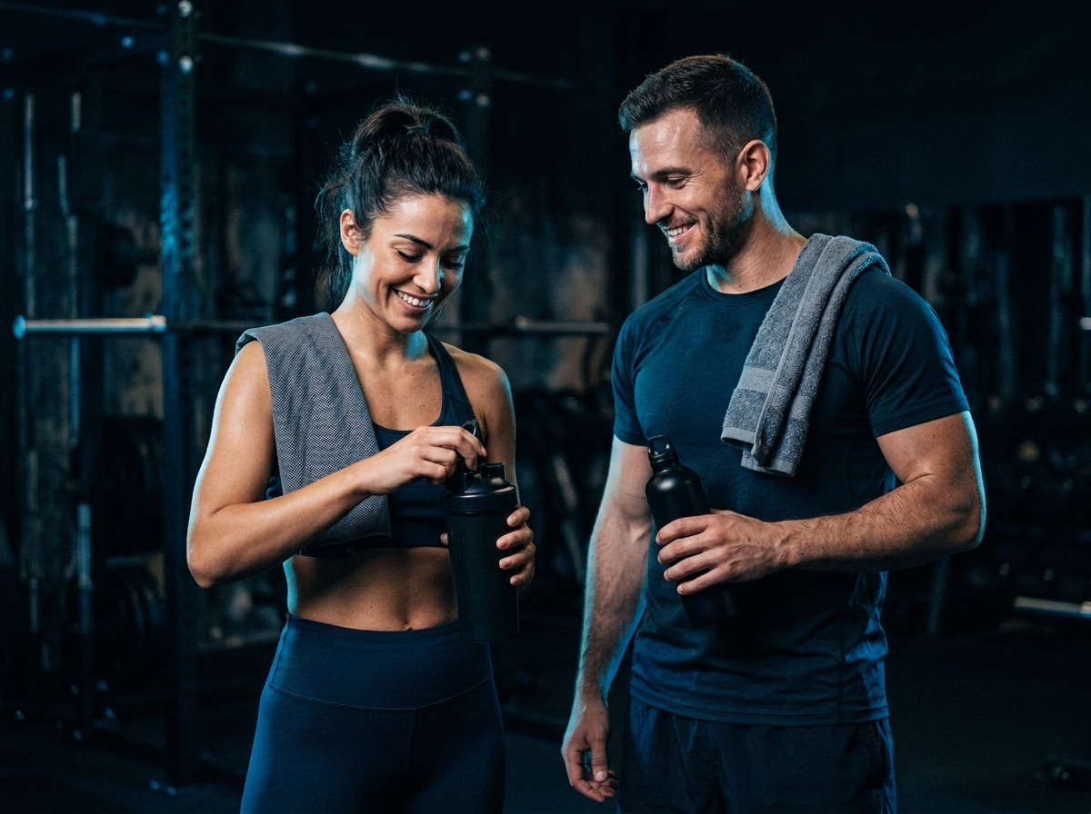 Deux sportifs préparant leur shaker après l'entraînement